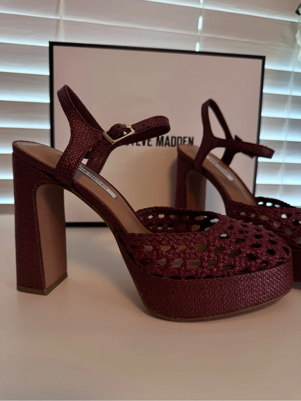 Steve Madden Lexie Raffia Woven Red Platform Block Heels